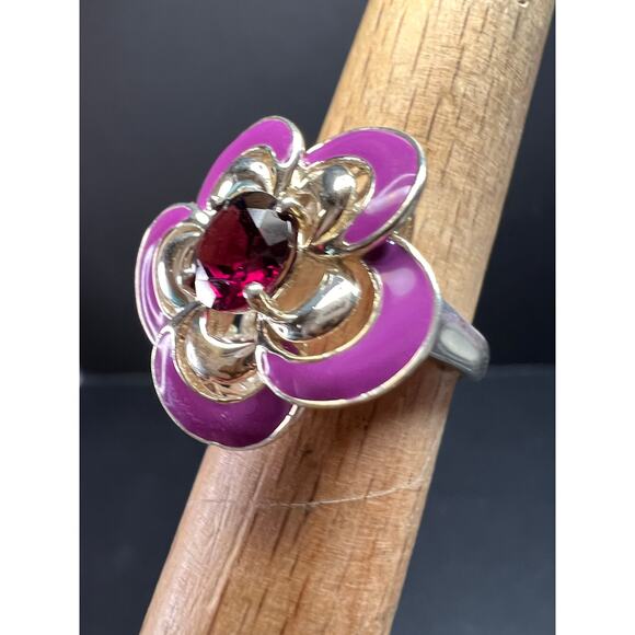 Ross Simons garnet and enamel flower sterling silver ring size 5 - Picture 2 of 16